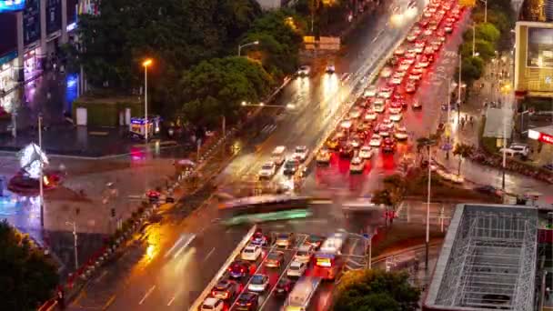 Iluminación Nocturna Shenzhen Tráfico Céntrico Calle Cruce Vista Superior Timelapse — Vídeos de Stock