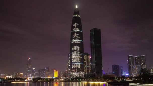 Shenzhen China October 2018 Night Illuminated Shenzhen Cityscape Downtown Aerial — Stock Video