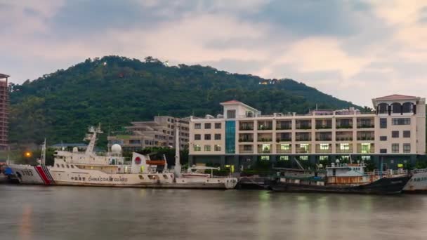 Západ Slunce Večer Hainan Sanya Provozu Řeky Zálivu Panorama Timelapse — Stock video