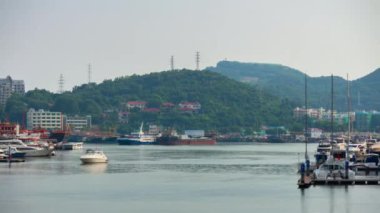 Sunset akşam hainan sanya Rating nehir kenarında Körfez Panoraması 4k timelapse Çin