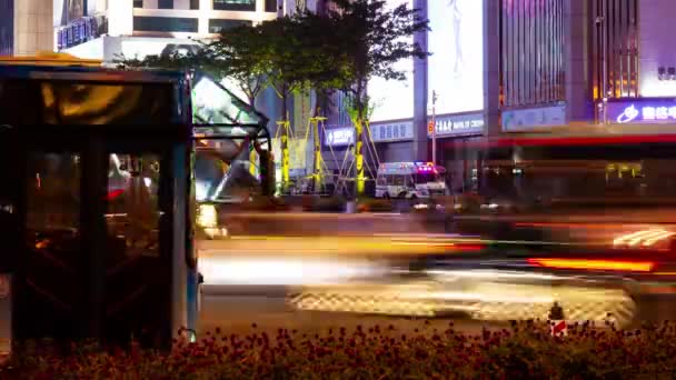 Natt Tid Belysning Shenzhen Downtown Trafik Gatan Crossroad Ovanifrån Timelapse — Stockvideo