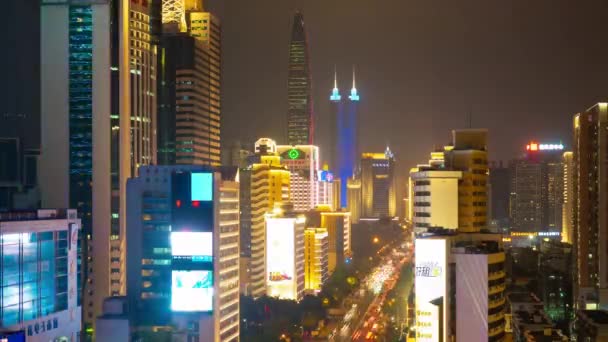 Natt Tid Belysning Shenzhen Downtown Trafik Gatan Crossroad Ovanifrån Timelapse — Stockvideo