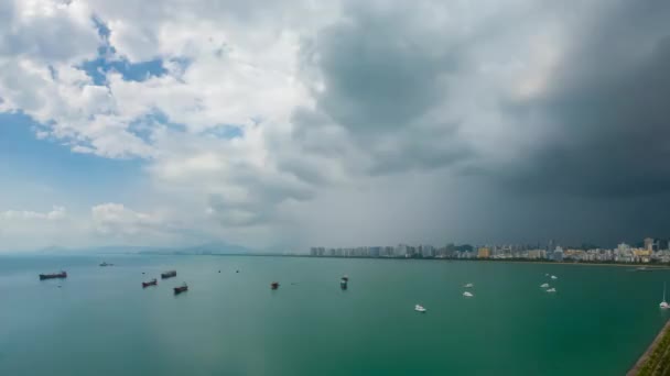 Сонячний Sanya Місто Пляжу Бухти Готель Даху Корабель Паркування Панорама — стокове відео