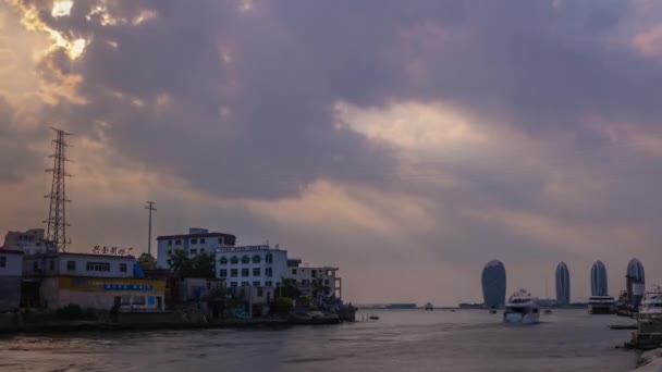 Закат Небо Санья Trash Залив Известный Отель Курорта Панорама Timelapse — стоковое видео