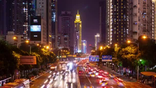 Iluminación Nocturna Shenzhen Tráfico Céntrico Calle Cruce Vista Superior Timelapse — Vídeos de Stock