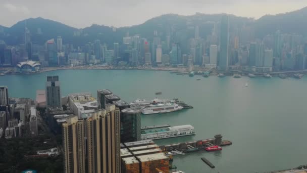 Voo Hora Dia Sobre Doca Baía Cidade Kowloon Panorama Aéreo — Vídeo de Stock
