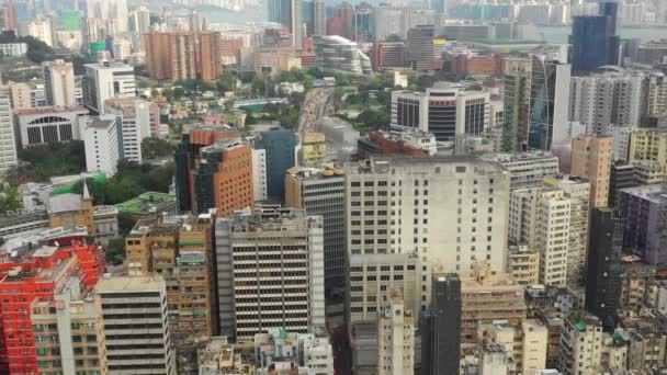 Volo Sopra Kowloon Paesaggio Urbano Giorno Vista Aerea Hong Kong — Video Stock