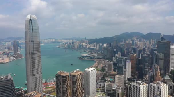 Solig Dag Hong Kong Stadsbild Downtown Victoria Harbour Trafik Antenn — Stockvideo