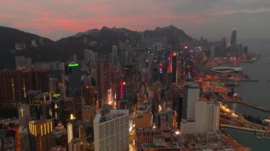 gece ışıklı zaman hong kong cityscape downtown victoria harbour hava panorama 4k