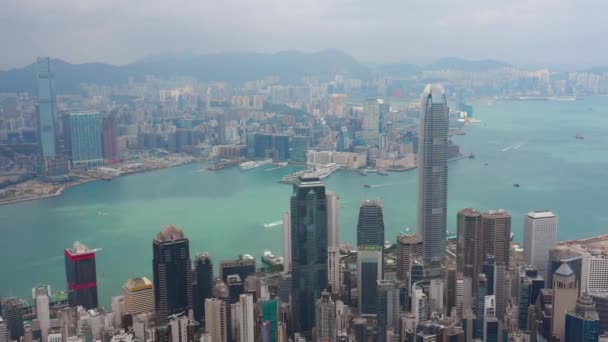 Sonniger Tag Hongkong Stadtbild Innenstadt Viktoria Hafen Verkehr Luftbild — Stockvideo