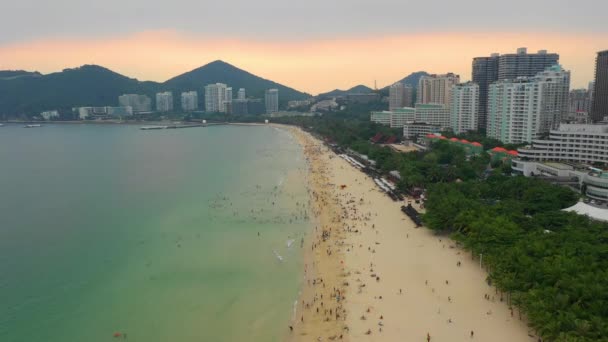 Dia Ensolarado Ilha Hainan Sanya Baía Navio Estacionamento Aéreo Panorama — Vídeo de Stock