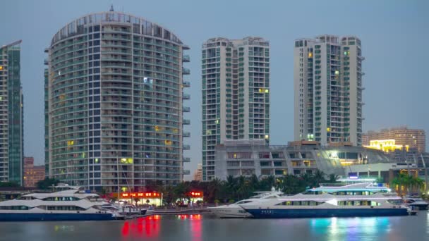 Crepúsculo Tempo Sanya Cidade Baía Apartamento Complexo Frente Panorama Timelapse — Vídeo de Stock