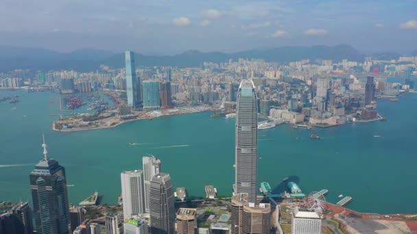 Сонячний День Політ Над Гонконг Центр Міста Міський Пейзаж Kowloon — стокове відео