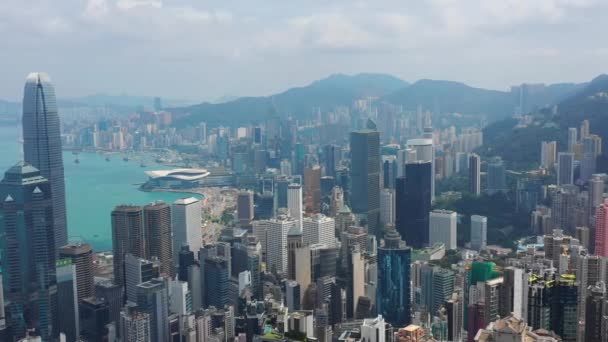 Zonnige Dag Hong Kong Stadsgezicht Centrum Victoria Harbour Verkeer Luchtfoto — Stockvideo