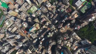 güneşli hong kong şehir şehir wan chai trafik bölge yüksek hava topdown panorama 4k