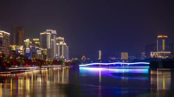 Night Illuminated Sanya City Traffic Riverside Bay Bridge Panorama Timelapse — Stock Video