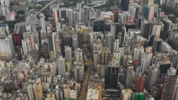 Dagtijd Vlucht Kowloon Stadsgezicht Verkeer Straten Luchtfoto Pioniersessies Panorama Hongkong — Stockvideo