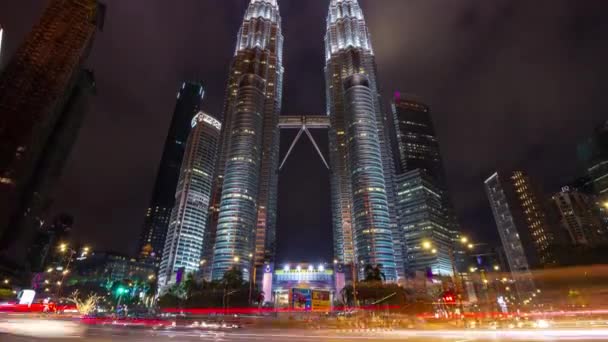 Nacht Verlicht Kuala Lumpur Stad Centrum Centrum Verkeer Straat Panorama — Stockvideo