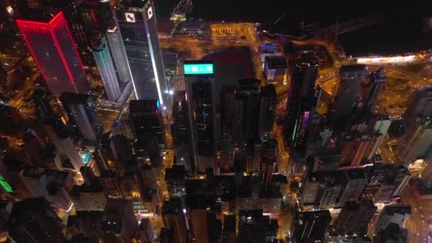 Noche Tiempo Iluminado Hong Kong Ciudad Centro Bahía Aérea Panorama — Vídeo de stock