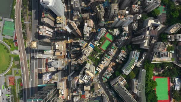 Soliga Hong Kong City Downtown Distriktet Trafik Gator Hög Antenn — Stockvideo