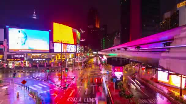 Natt Upplyst Kuala Lumpur City Center Downtown Trafik Gatan Panorama — Stockvideo