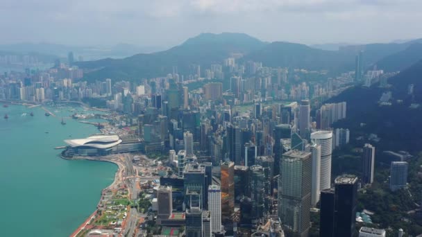 Día Soleado Vuelo Sobre Hong Kong Paisaje Urbano Centro Wan — Vídeo de stock