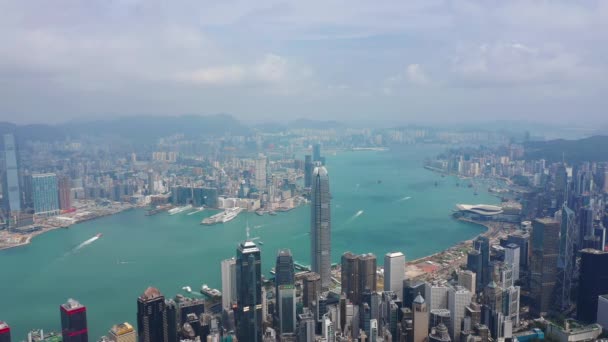 Zonnige Dag Hong Kong Stadsgezicht Centrum Victoria Harbour Verkeer Luchtfoto — Stockvideo