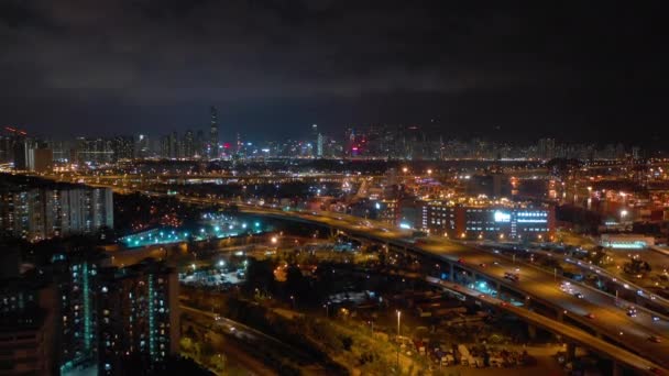 Nacht Verlicht Hong Kong Kowloon Verkeer Straat Weg Stadsgezicht Luchtfoto — Stockvideo