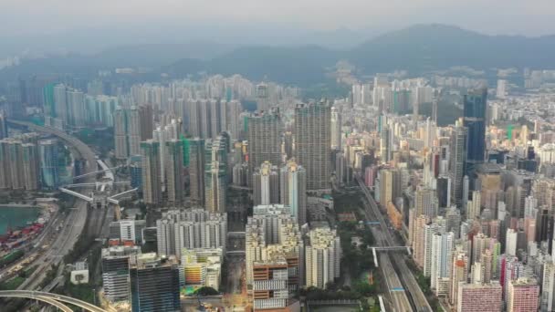 Dagtijd Vlucht Kowloon Stadsgezicht Luchtfoto Pioniersessies Panorama Hongkong — Stockvideo