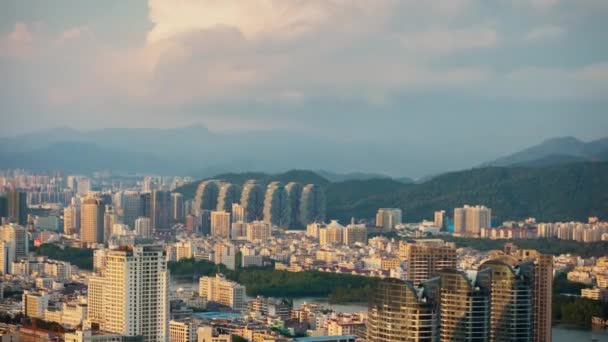 Solnedgång Belysning Sanya Park Högsta Utsiktsplats Stadsbilden Panorama Timelapse Hainan — Stockvideo
