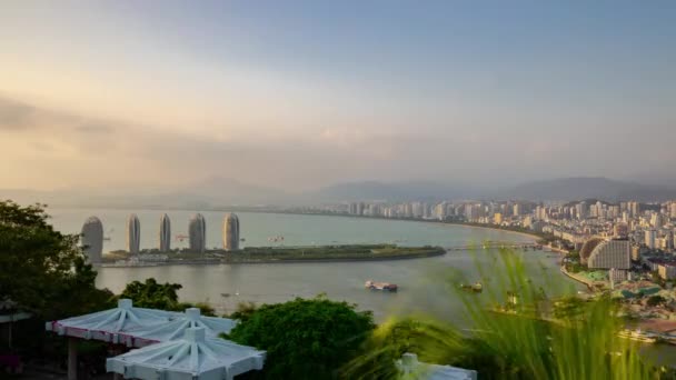 Journée Ensoleillée Hainan Île Sanya Baie Bateau Parking Panorama Aérien — Video