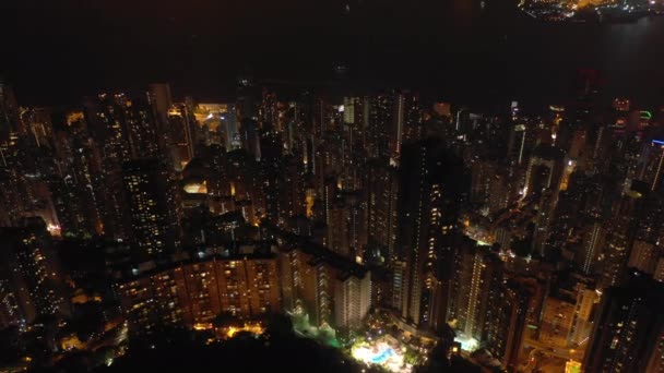 Vol Éclairé Nuit Dessus Centre Ville Hong Kong Panorama Aérien — Video