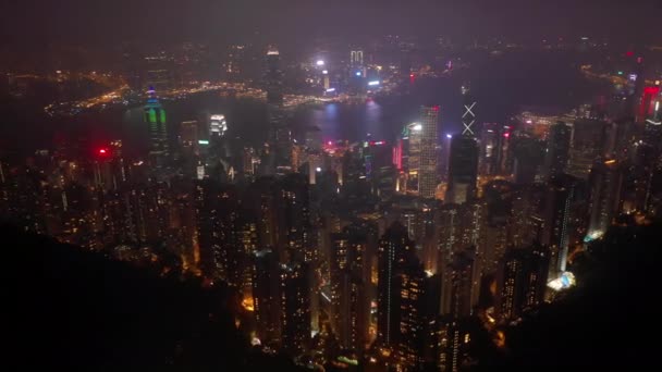 Nachts Verlicht Hong Kong Stadsgezicht Centrum Victoria Harbour Luchtfoto Panorama — Stockvideo