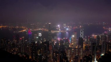 gece ışıklı zaman hong kong cityscape downtown victoria harbour hava panorama 4k