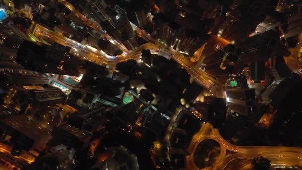 Horário Noturno Iluminado Hong Kong Cidade Tráfego Ruas Aérea Topdown — Vídeo de Stock