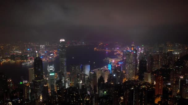 Nocy Podświetlane Hong Kong Gród Centrum Victoria Harbour Antenowe Panorama — Wideo stockowe