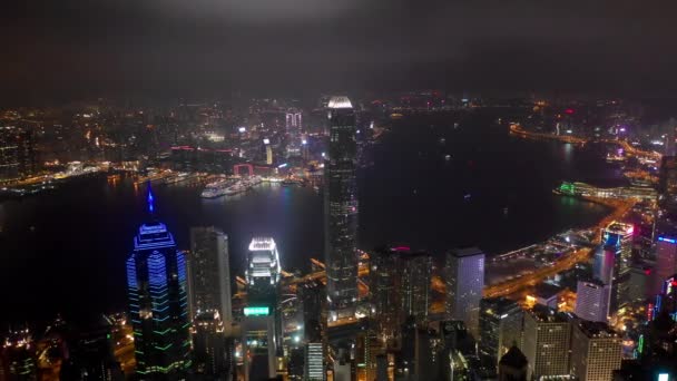 Nattetid Upplyst Hong Kong Stadsbild Downtown Victoria Harbour Antenn Panorama — Stockvideo