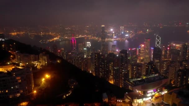 Noční Osvětlená Hong Kong Panoráma Města Victoria Harbour Letecké Panorama — Stock video