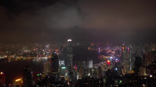 Nacht Beleuchtet Hongkong Stadtbild Innenstadt Viktoria Hafen Luftbild — Stockvideo