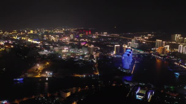 Noční Osvětlení Sanya Panoráma Provoz Pouliční Letecké Panorama Čína — Stock video