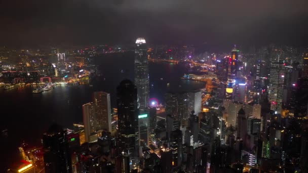Noche Tiempo Iluminado Hong Kong Ciudad Paisaje Centro Victoria Puerto — Vídeos de Stock