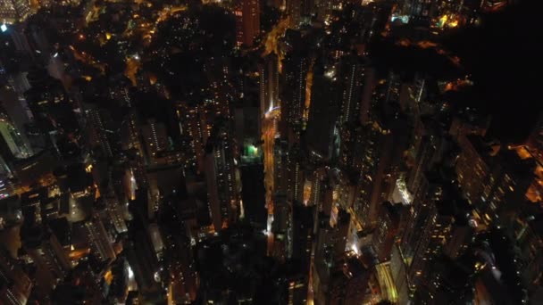 Nocy Podświetlane Lotu Nad Hong Kong City Antenowe Topdown Panorama — Wideo stockowe