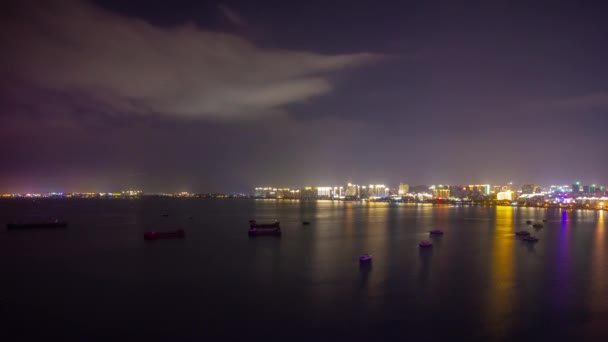 Sanya China October 2018 Night Illuminated Sanya City River Walking — Stock Video