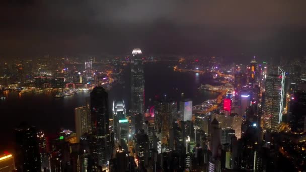 Éjszakai Világító Hong Kong Városkép Belvárosi Victoria Harbour Légi Panoráma — Stock videók