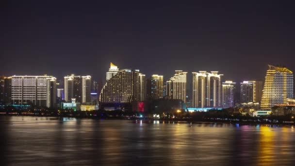 Sanya China Oktober 2018 Nacht Verlichte Sanya Stad Rivier Wandelen — Stockvideo