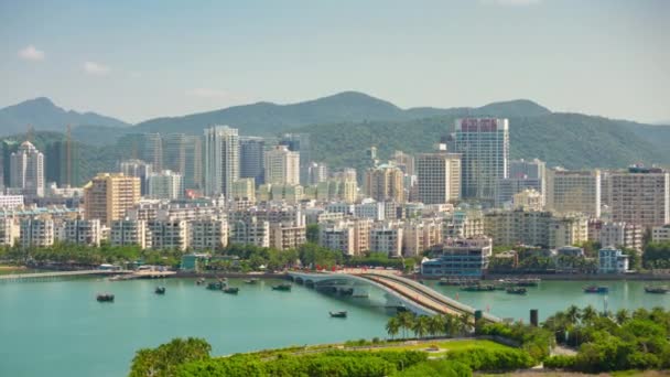 Sunny Day Hainan Island Sanya Bay Ship Parking Aerial Panorama — Stock Video