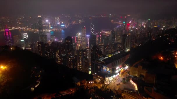 Noční Osvětlená Hong Kong Panoráma Města Victoria Harbour Letecké Panorama — Stock video