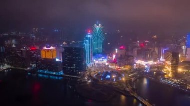Makao - 2 Şubat 2019: Macau cityscape downtown riverside havadan panorama gece 4k circa 2 Şubat 2019 macau, çin.