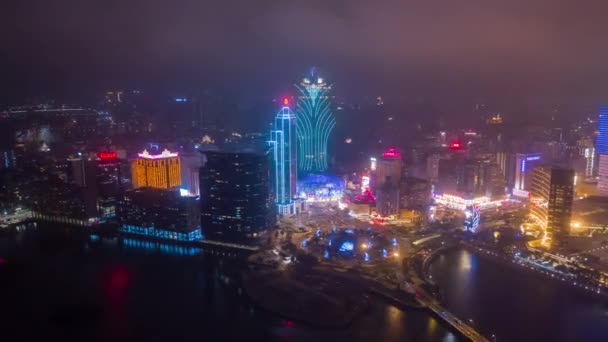 Makao Şubat 2019 Macau Cityscape Downtown Riverside Havadan Panorama Gece — Stok video