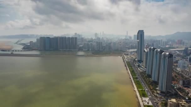 Macau Februari 2019 Macau Stadsbilden Downtown Riverside Aerial Panorama Circa — Stockvideo
